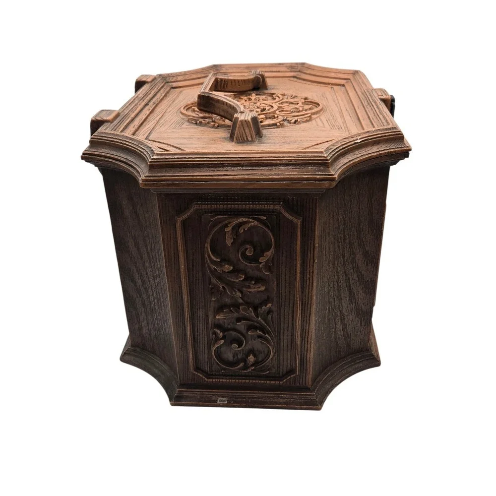 Vintage MCM Max Klein Ornate Faux Wood Plastic Sewing Storage Chest Box 14.5